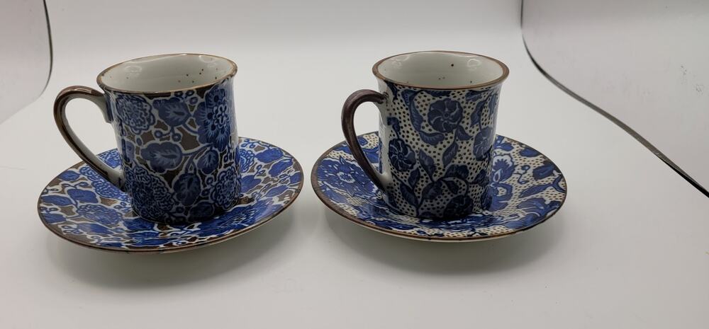 2 Blue and Brown Floral Patterned Speckled Demitasse Espresso cups with saucers